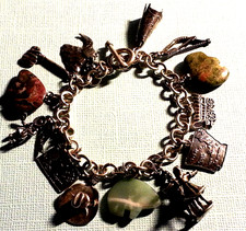 Vintg Western Sterling Silver Bracelet & Charms, 7.75" Dancers,Buffalo,Gemstones