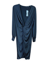 Boohoo Twisted Front Low V Midi Black Dress Sz 12 NWT