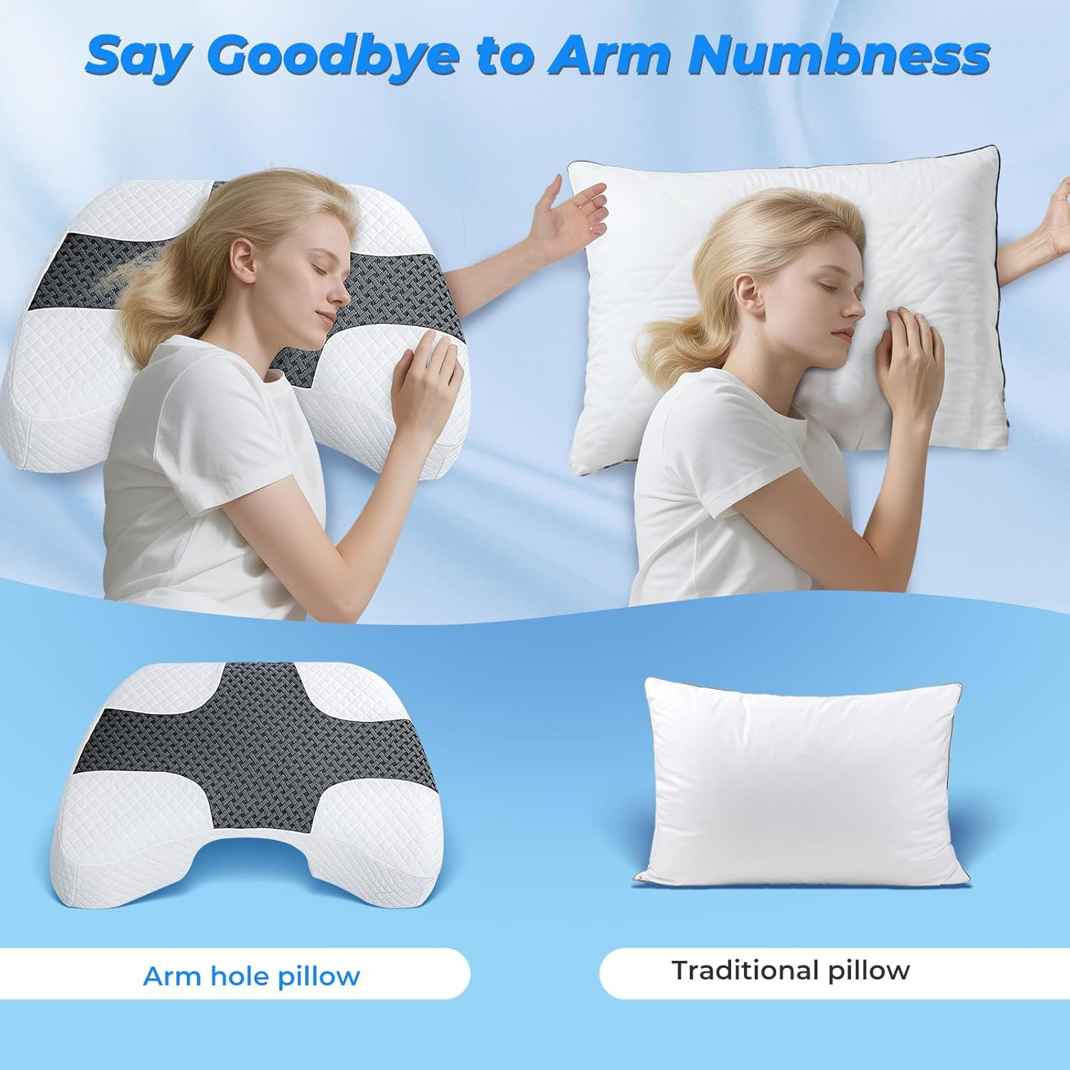 Side Sleeper Pillow with Arm Hole, Upgraded Shoulder Relief System for Neck Pain