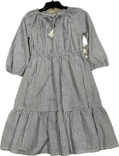 Frye and Co 3/4 Sleeve Blue White Stripe Combo  Boho Tassel Dress Size SX NWT