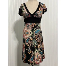 VTG Y2K Lipstick Paisley Mini Dress Empire Waist Stretch Cap Sleeve Black Size M