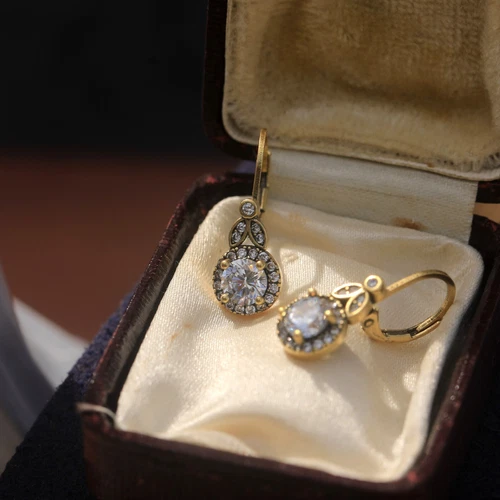 Small Gold Toned lever back Earrings Floral Incrusted White CZ Vintage Style SA1