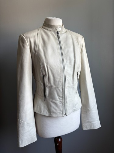 NEXT white Leather Jacket Biker Racer 10 12 rock ivory grey soft real ladies - Picture 8 of 17