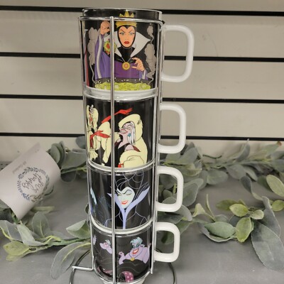 Disney Villians Evil Queen Ursula Maleficent Cruella Stacking Mugs Metal Stand
