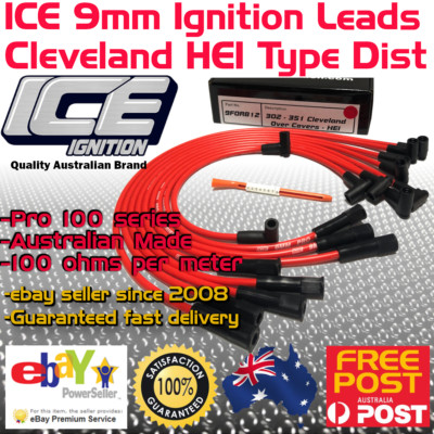 ICE PRO 100 9mm Spark Plug Leads V8 351 Cleveland Over R/Covers Red HEI MSD Cap