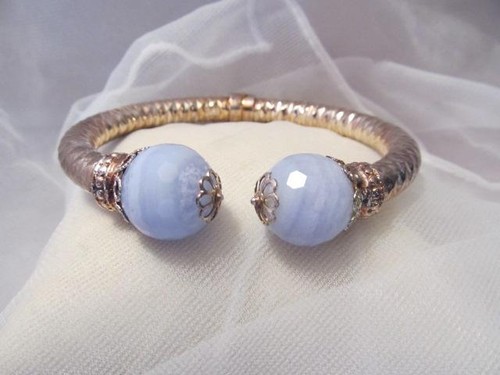 Blue Lace Agate Cuff Italy Sterling Silver Cuff Bracelet 35.4g. - Picture 6 of 10
