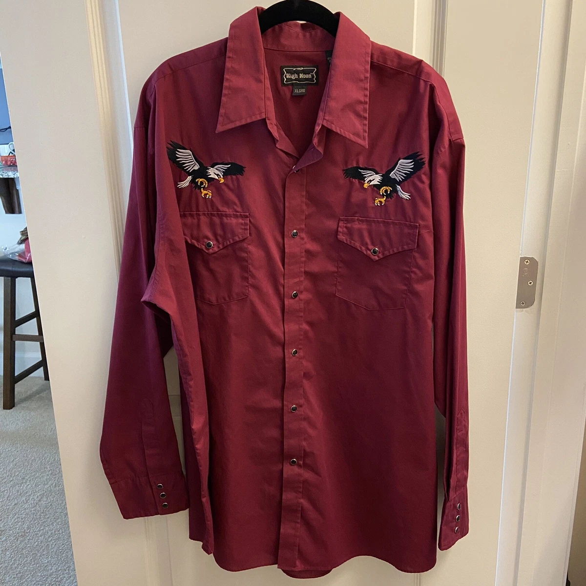 Vintage High Noon Men Size XL Maroon Embroidered Eagle Long Sleeve Western Shirt