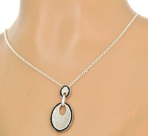 925 STERLING SILVER MICROPAVE BLACK SPINEL & WHITE CZ 1-1/2" PENDANT Necklace - Picture 2 of 2