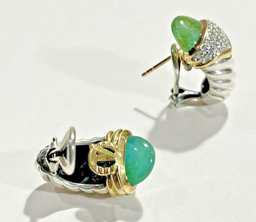 David Yurman 18k Gold/Sterling Silver Green Chalcedony& Diamond Earrings 11.5 Gr - Picture 11 of 24
