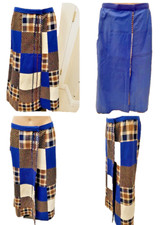 VTG 70s Patchwork Boho Hippie Wrap Maxi Skirt Brown Cream Plaid Navy W/ Dots