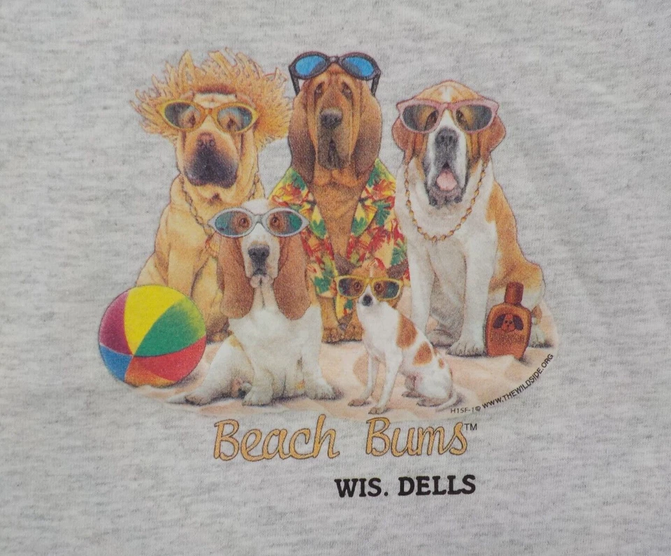 WISCONSIN DELLS CAMISETA JUVENIL TAMANHO XS (2/4) CINZA "BEACH BUM" CÃES COM ÓCULOS DE SOL - Imagem 2 de 4