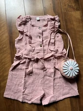Girls Size 6 Pink Romper With Belt And Daisy Purse Set