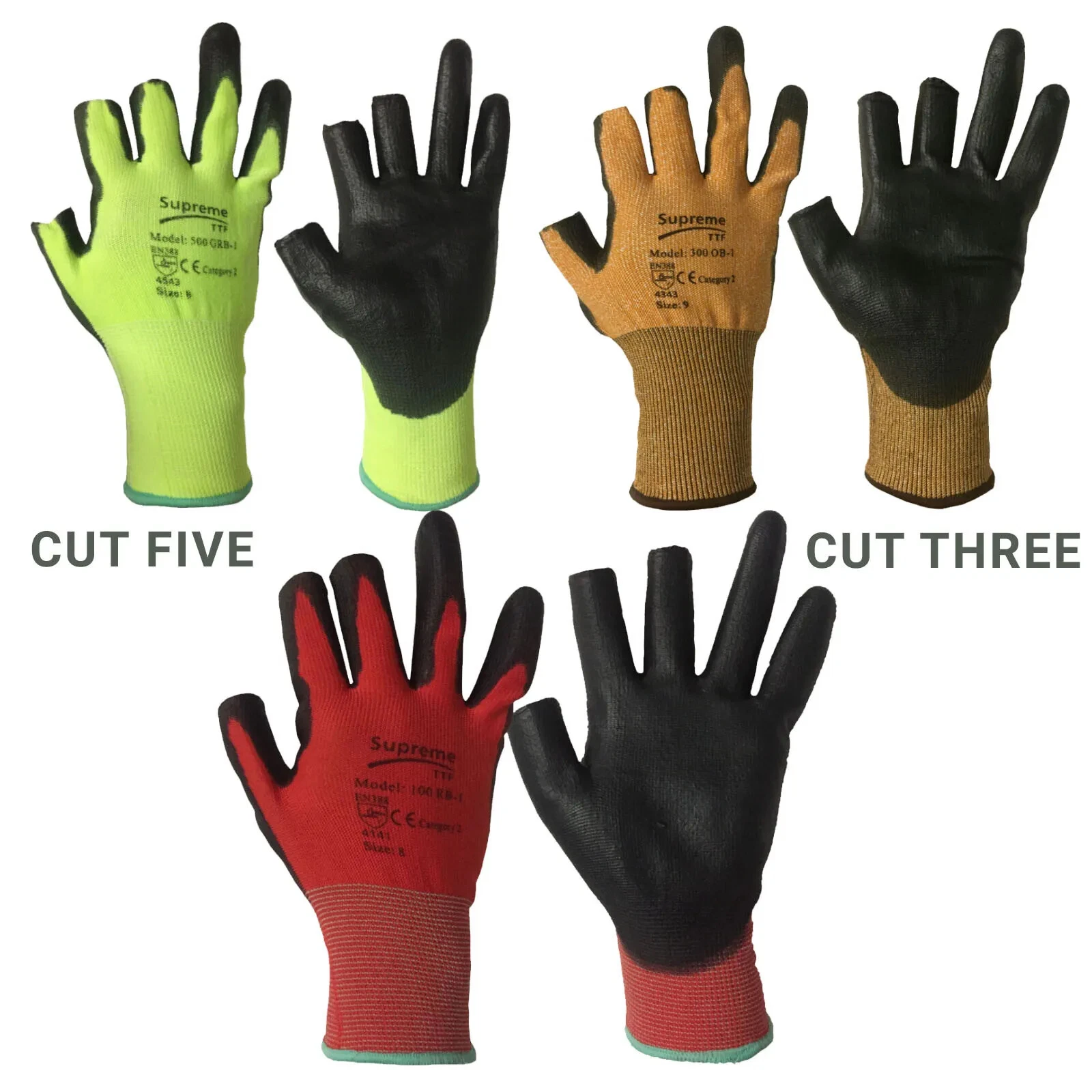 Gants de travail de sécurité à trois chiffres enduits de PU niveau de coupe 1 / 3 / 5 pièces sans doigts
