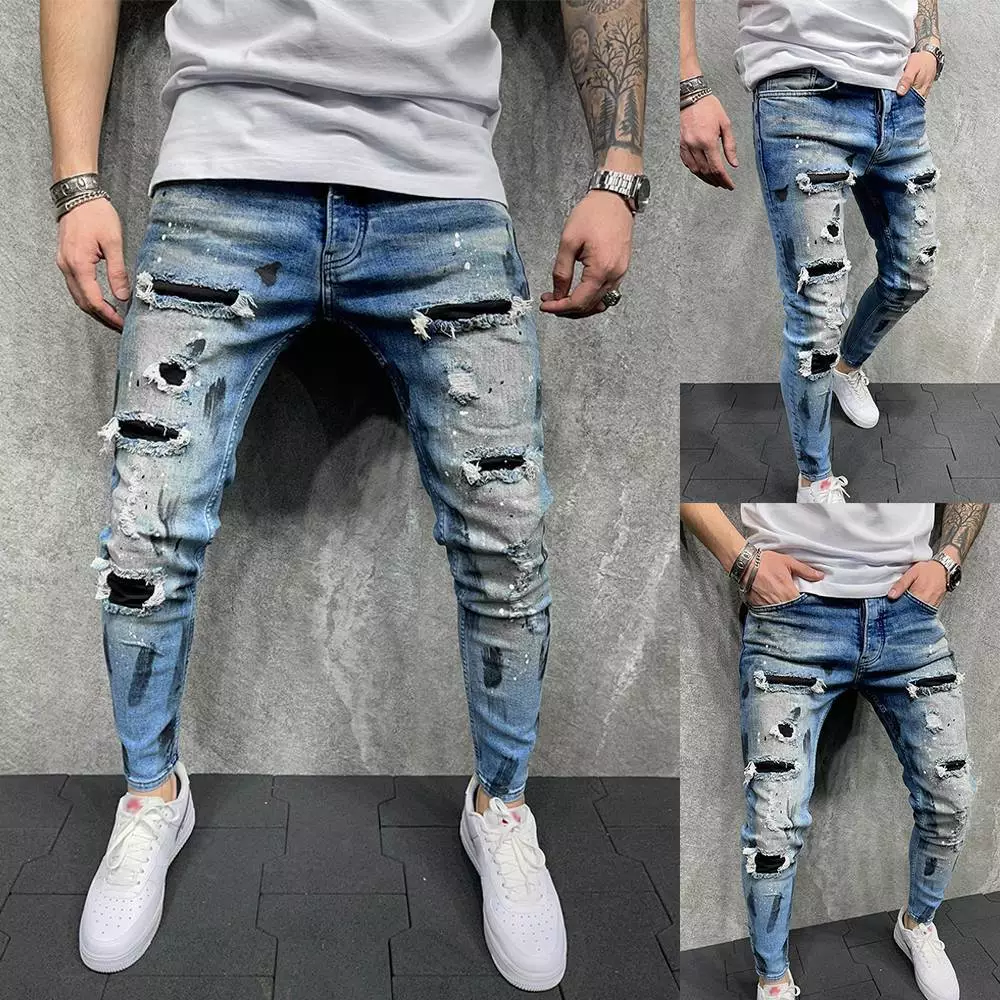 Buy Men Light Blue Cotton Slim Fit Narrow Length Ripped Jeans