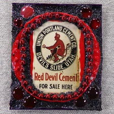 RED DEVIL CEMENT: Repurposed CD Art Collage Painting Old Advertisement G.Shiring