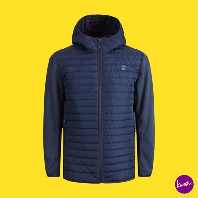 JACK & JONES Men's Quilted Jacket, Zip Up,High Collar & Hood, Navy Blazer, UK L