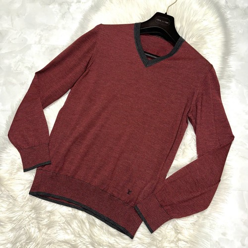 Authentic Louis Vuitton LV embroidery V-neck Striped knit sweater M Red Gray - Picture 9 of 9