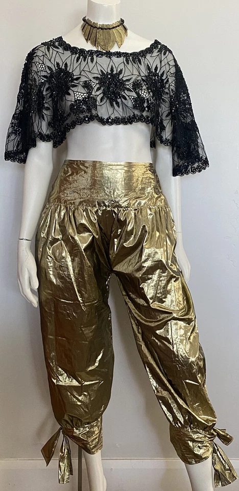 Pantalones Harén Vicky Valère Paris Vintage Francés Metálico Gitano Dorado Cintura Media Pequeños