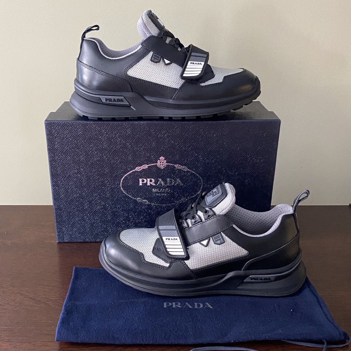 PRADA Mechano & Technical Sneakers Black Leather & Mesh Size 5.5 