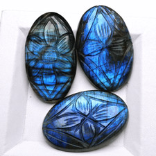 3 Pcs Natural Labradorite Hi-Quality 40mm-42mm Hand Floral Carved Cabs Gemstones