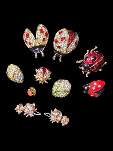 Vintage 10 Lot MARIENKÄFER ANSTECKNADEL BROSCHE Haarspangen SIGNIERT STRASSSTEINE goldfarben Schild römisch - Bild 2 von 24