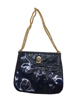 RUTH SALTZ Purse Bag Navy Blue Patent Snakeskin Gold Chain Vtg Purse Crossbody