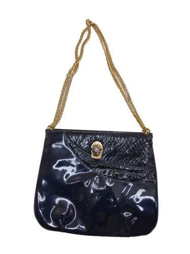 RUTH SALTZ Purse Bag Navy Blue Patent Snakeskin Gold Chain Vtg Purse Crossbody