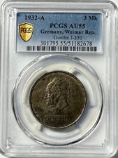 Germany - WEIMAR REPUBLIC - Goethe - 3 Mark 1932A - PCGS AU55!