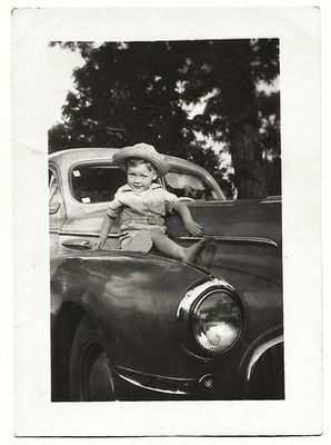 Vintage Old 1940s Photo Cute Little Boy Wearing Straw Hat Sitting on Car Fender 