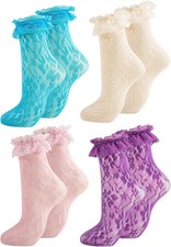 Womens Lace Ruffle Socks Frilly Dress 4 Pairs - Purple, Blue, Yellow, Pink