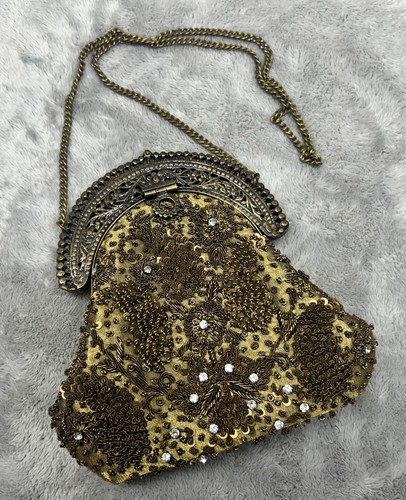 Vintage bestickte Abendtasche Damen Gold Metallverschluss Kette Riemen Perlen 90er