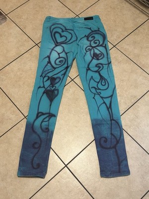Y2K Celebrity Pink Airbrushed Gothic Heart Spiderweb Skinny Jeans Emo Tattoo