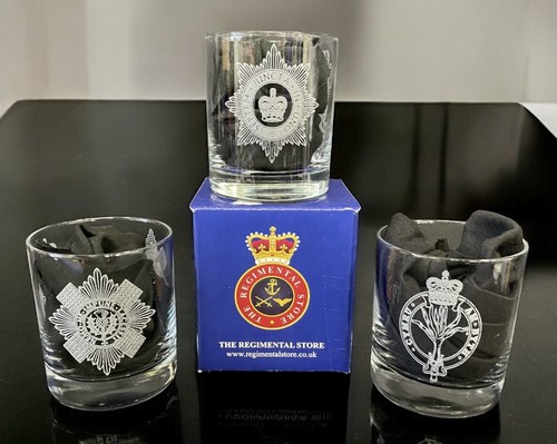 UK British Army Regimental engraved Whisky glass with regimental cap badges. - Picture 2 of 73