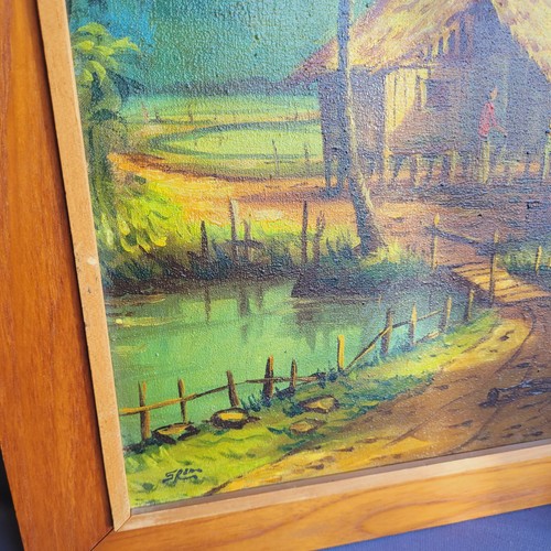 Coppia di dipinti Tikki hawaiani/asiatici metà secolo olio su tela vintage firmati - Foto 12 di 19