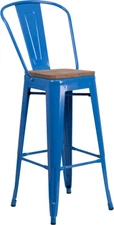 30" Industrial Style Blue Metal Bar Height Restaurant Stool with Wood Seat