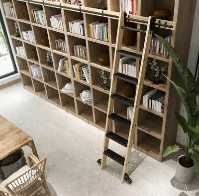 DIYHD Unfinished Pine Wood Sliding Library Ladder with Metal Step Rolling Ladder