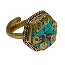 Adjustable Tibetan Turqouise Vintage Gold Toned Brass Tribal Ring