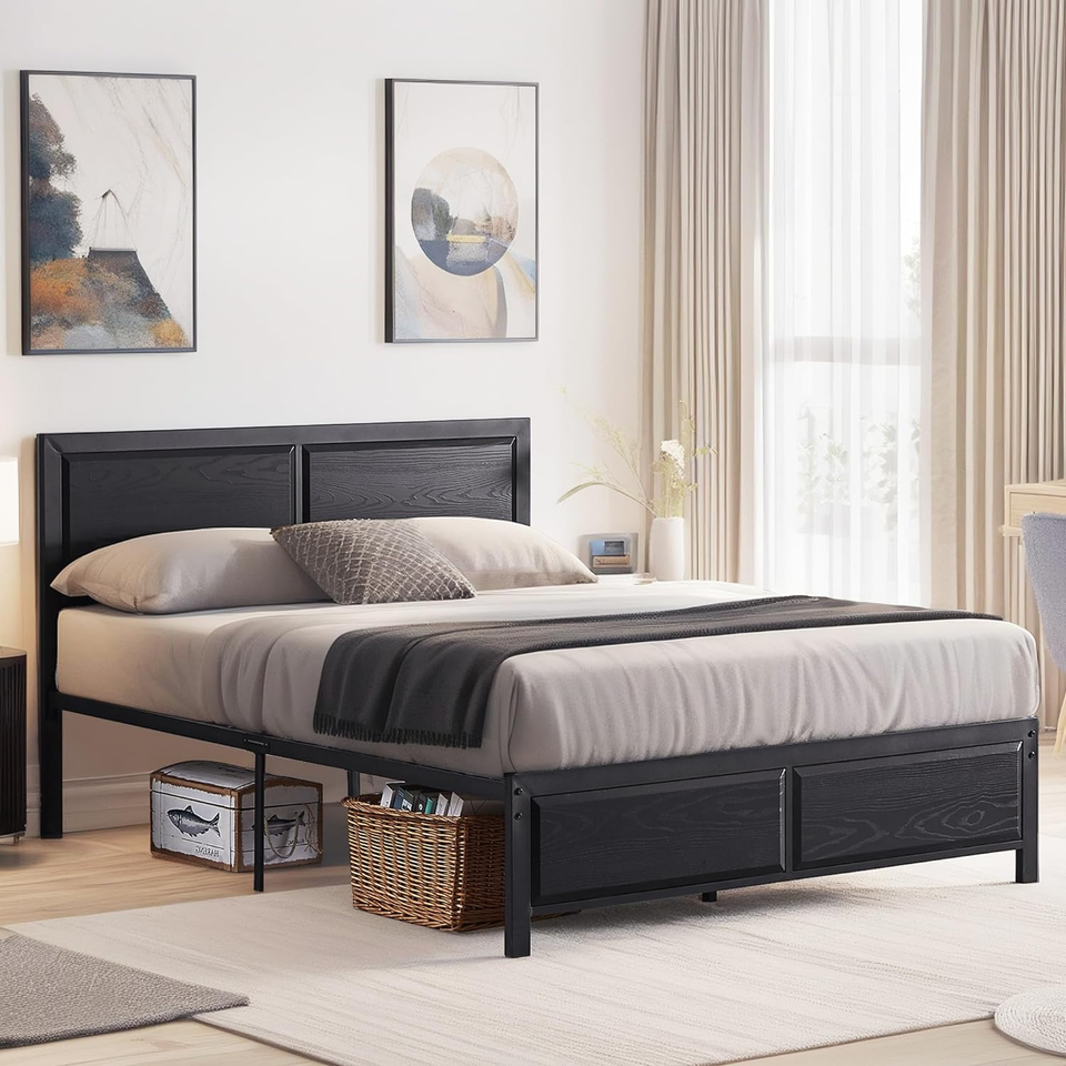 Bed Frame Queen Size with Black Wood Headboard, Mattress Foundation Platform, St eBay