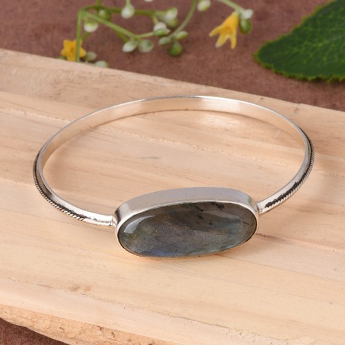 925 Sterling Silver Natural Labradorite Gemstone Sleek Women's Bangle Jewelry - Picture 7 of 8