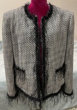 Frances P Womens Blazer Jacket Herringbone Black White Furry Trim Pockets Sz 14