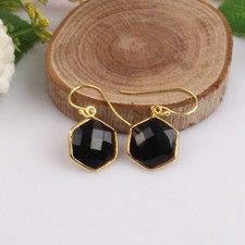 Hexagon Designer Black Onyx Gemstone 925 Silver Gold Plated Drop Earrings