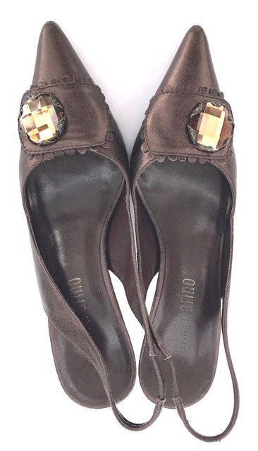 Ann Marino Womenâs Brown Leather Pointed Toe Sling Back Mid Heel Sandals 6 M | eBay