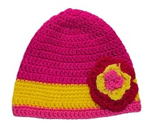 Beanie Crochet Handmade Flower Hat Women's OS Pink Yellow Hand Knit NEW