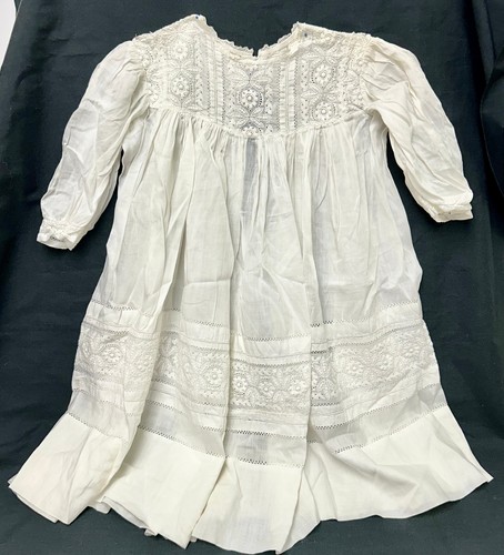 Antique Linen Baby Dress Christening Gown Doll Dress Embroidery and Open Work