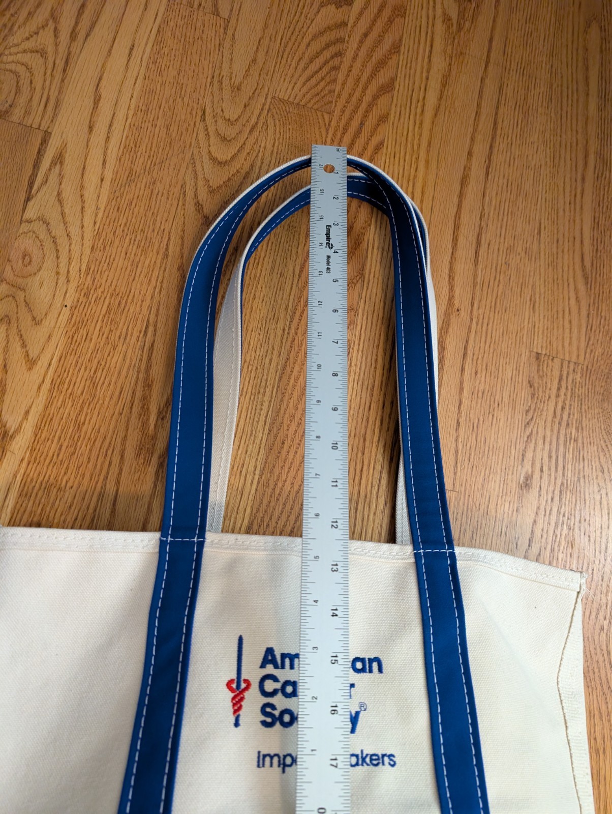 LL Bean Boat & Tote 16x12 Navy Blue Trim Zipper Top Bag Long Handle Embroidered