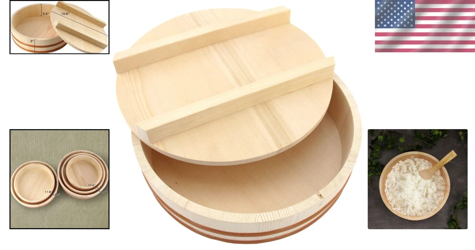 Tazón de enfriamiento de arroz de sushi Hangiri Oke de madera de 10,6" con tapa - estilo tradicional Foto 2 de 4