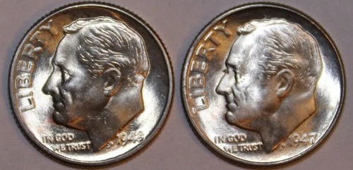Two Roosevelt Dimes - 1947-D(BU) 1948-D(BU) - #9428D - FREE SHIPPING