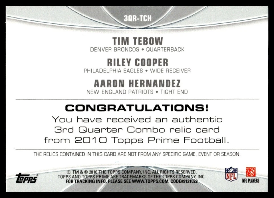 2010 TOPPS PRIME 3RD QUARTER RELICS TIM TEBOW/RILEY COOPER/AARON HERNANDEZ - Image 2 of 2