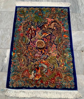 100% Silk Rug Hunting Pictorial Silk Rug Handmade Fringes & Borders 3x4 ft