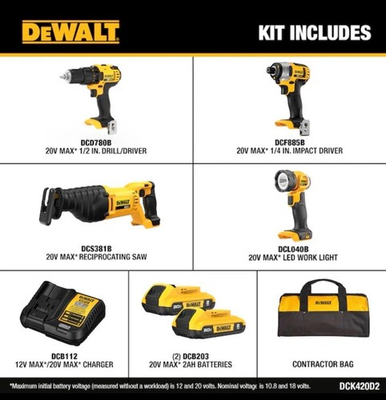 #ad DEWALT 4 Tool 20 Volt Max Power Tool Combo Kit with Soft Case free shipping $289.00